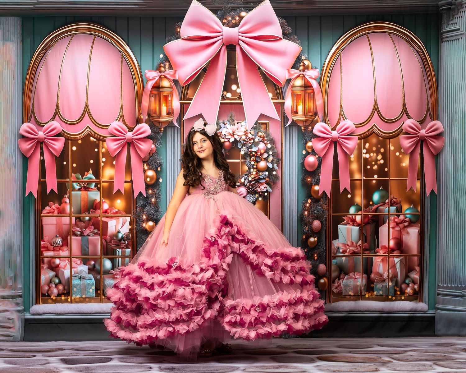 Dreamy pink tulle dresses with oversized bows fill an elegant storefront window display.