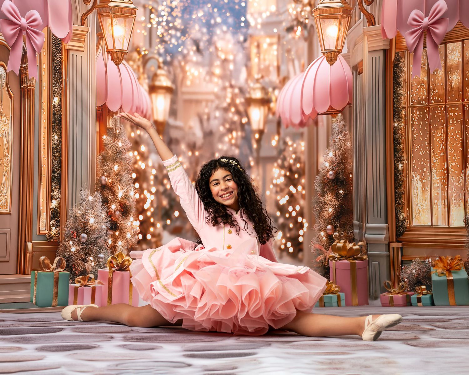 Elegant pink ballgowns and bows decorate a luxurious storefront display with twinkling lights and ornate details.