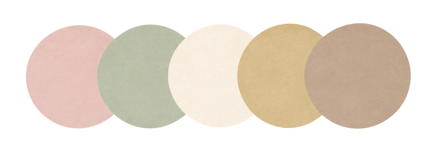 A color palette featuring muted earth tones including burgundy, sage green, tan, and grey circular swatches.