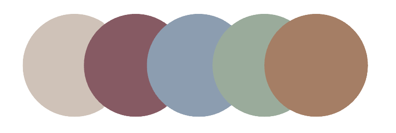 A color palette featuring muted earth tones including burgundy, sage green, tan, and grey circular swatches.