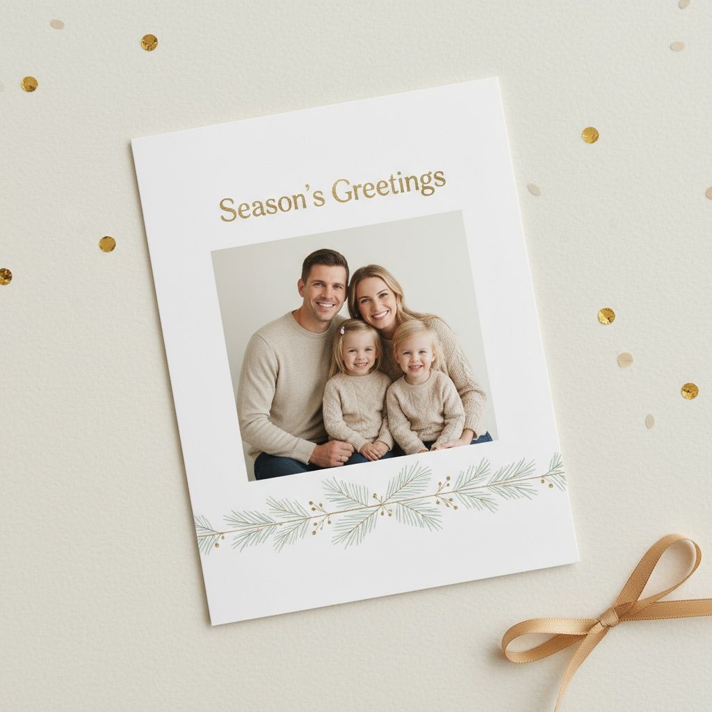 Elegant holiday cards with gold confetti accents and white floral designs displayed on a light neutral background.