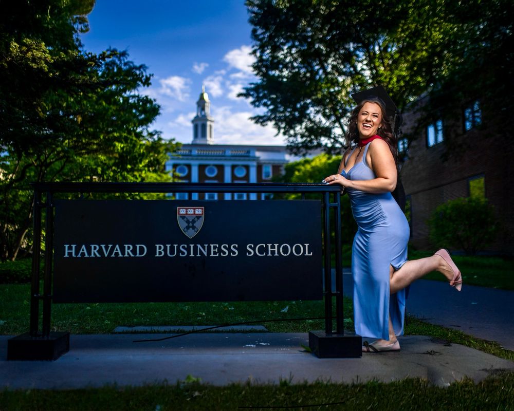 A series of photos showing Harvard Business School campus buildings and grounds on a sunny summer day.