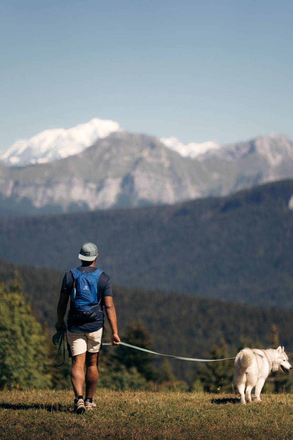 Balade au belvédère de l'Orionde, un homme et son chien se promènent avec le mont-blanc en arrière-plan