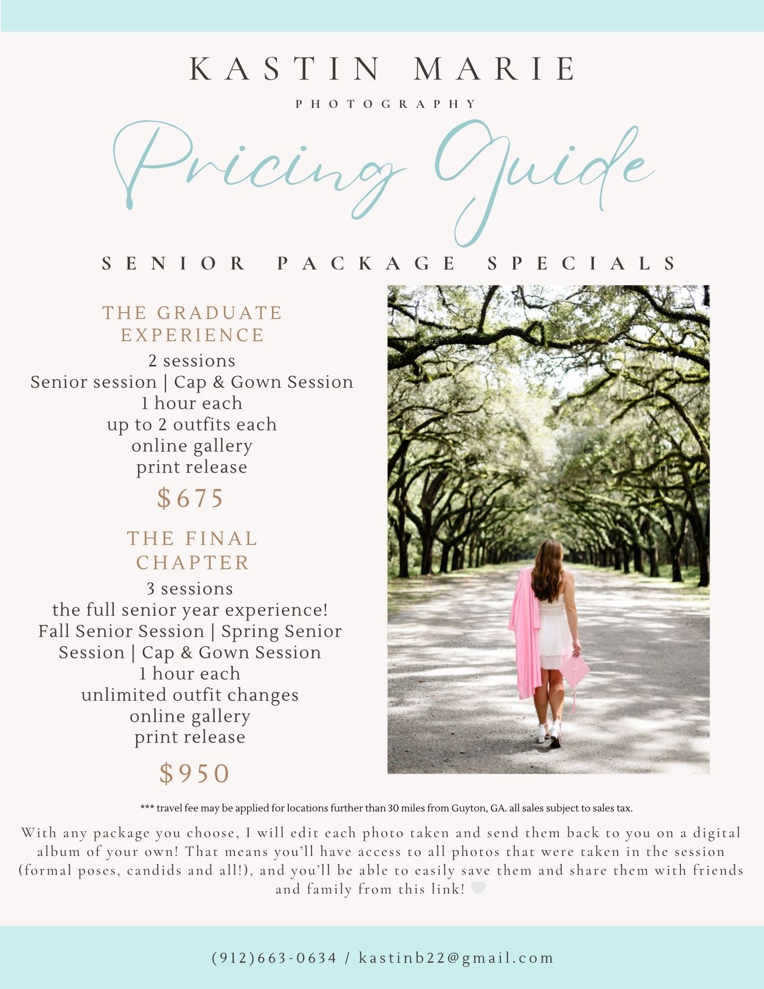A collage of photography pricing guide images showing outdoor photo sessions and text layouts in soft pastel colors.
