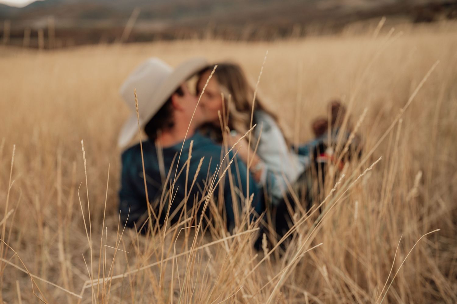 A tender moment captured in tall golden prairie grass at sunset.