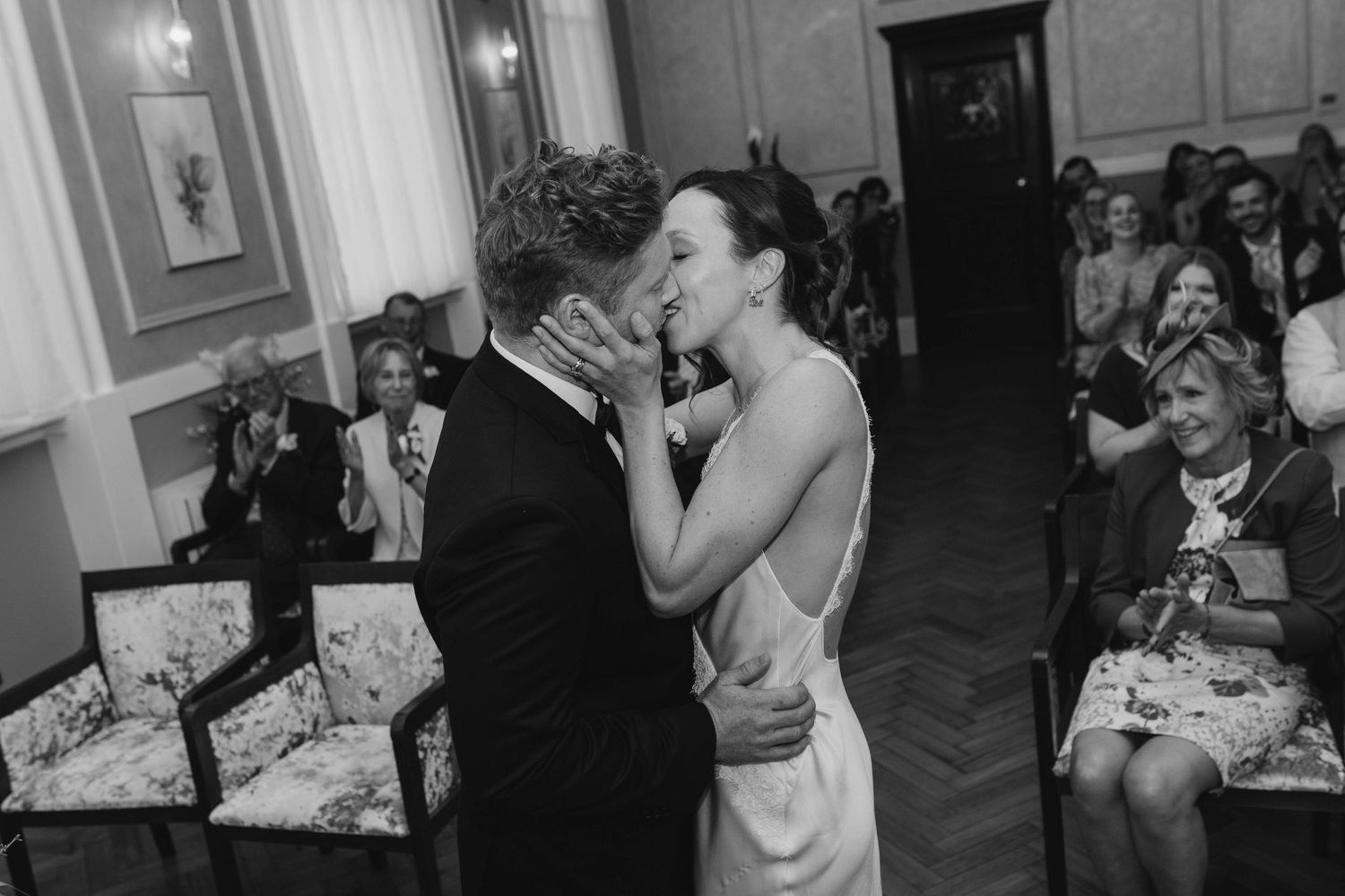 Wedding ceremony in Chelsea Town Hall, vintage wedding dress, wedding in pub
