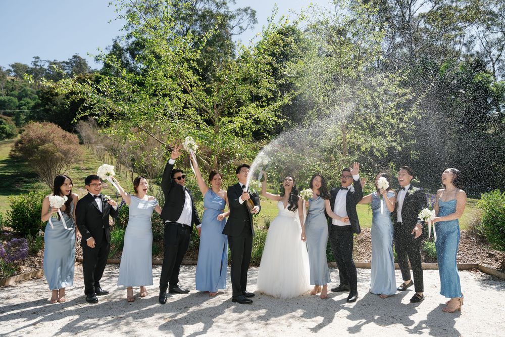 Wedding party poses for photos outdoors in a line formation on a sunny day.