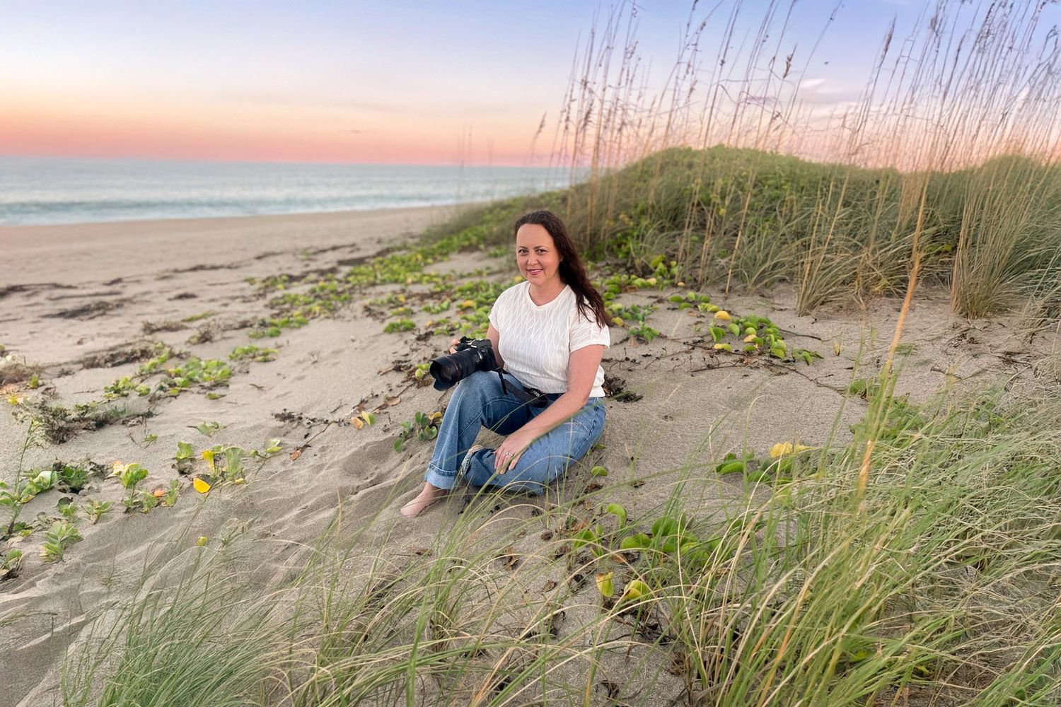 Treasure Coast Florida beach portrait photographer on Hutchinson Island at sunset among coastal dunes