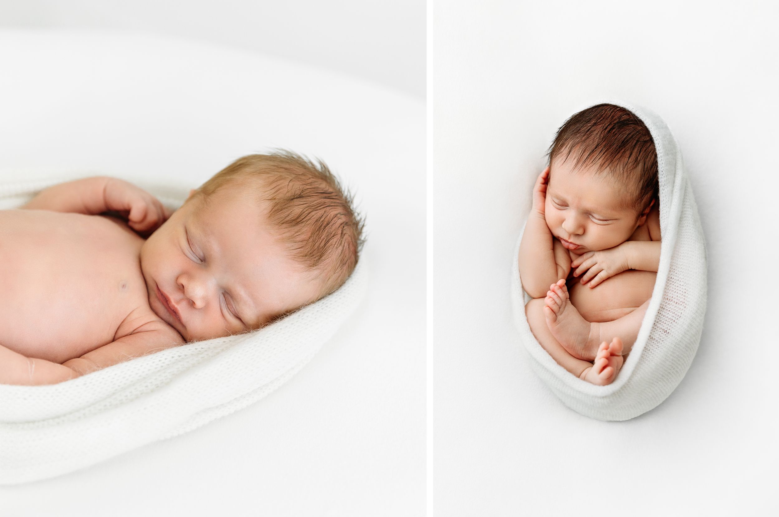 Two Images of newborn baby boys wrapped in soft white blankets