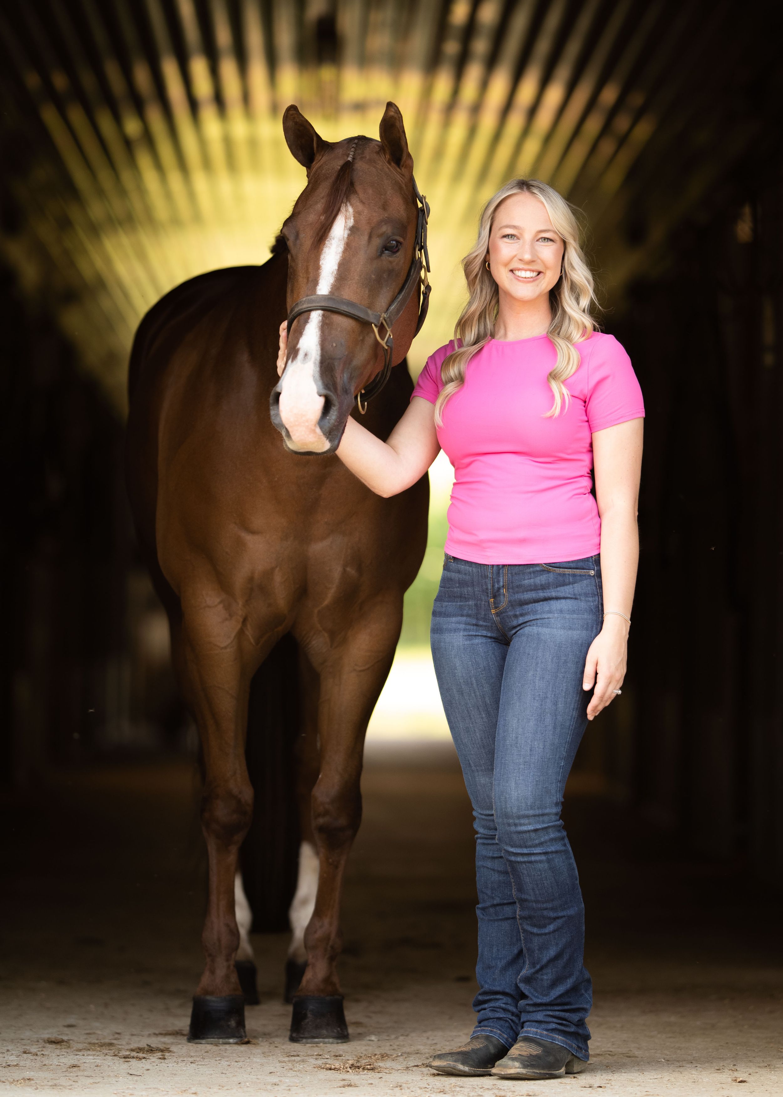 Brown horse and person in pink shirt standing in shadowy barn stall for equine portrait session.