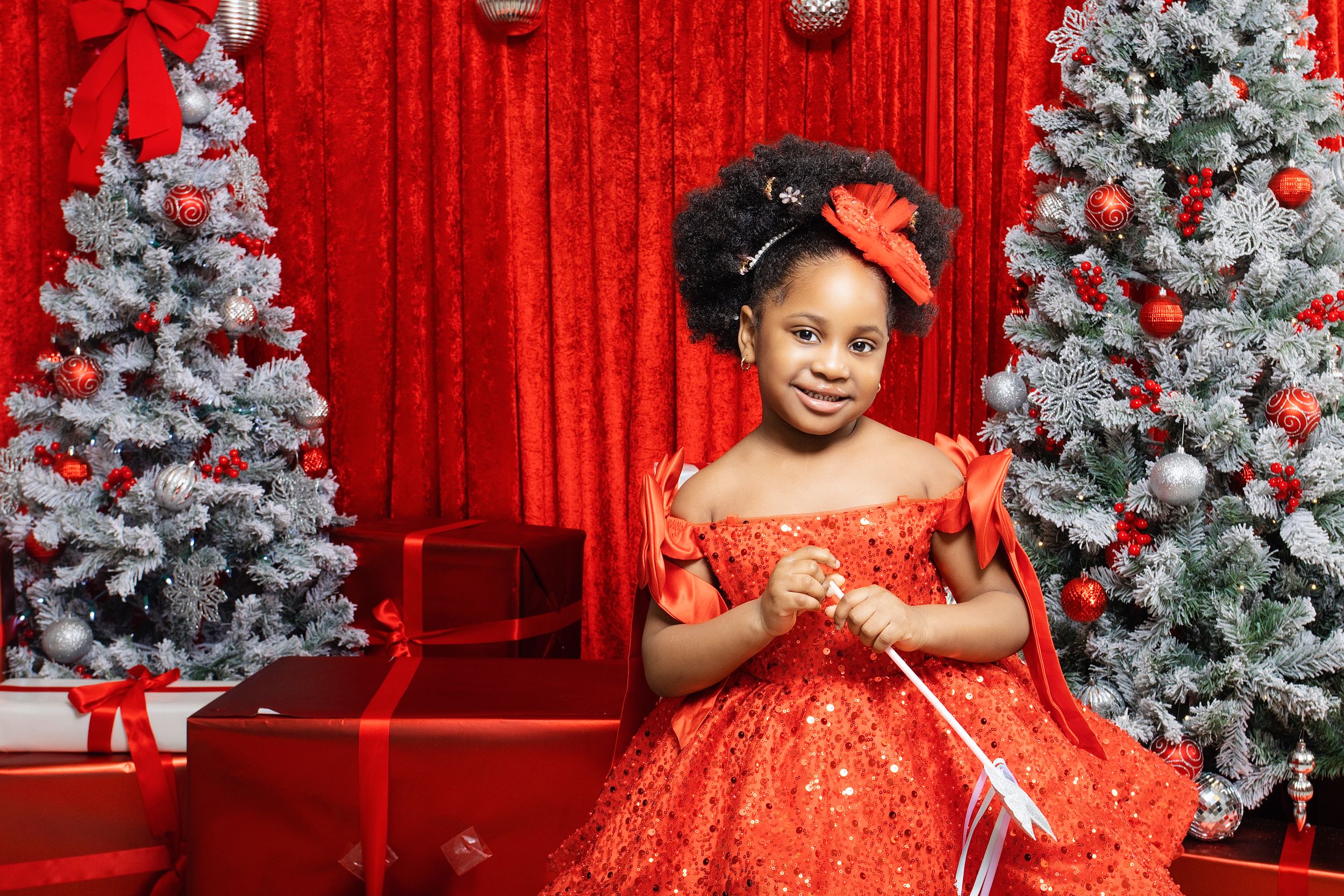 Red and silver Christmas themed photography backdrop with decorated trees and curtains.