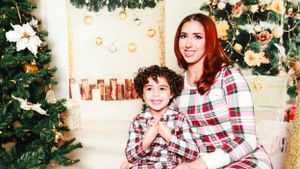 Family Christmas portraits with matching plaid outfits and decorated tree.