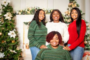 Multiple candid shots of family members in festive sweaters enjoying holiday photo session.