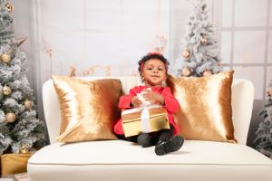 Holiday photo with gold pillows and decorated Christmas tree in background.