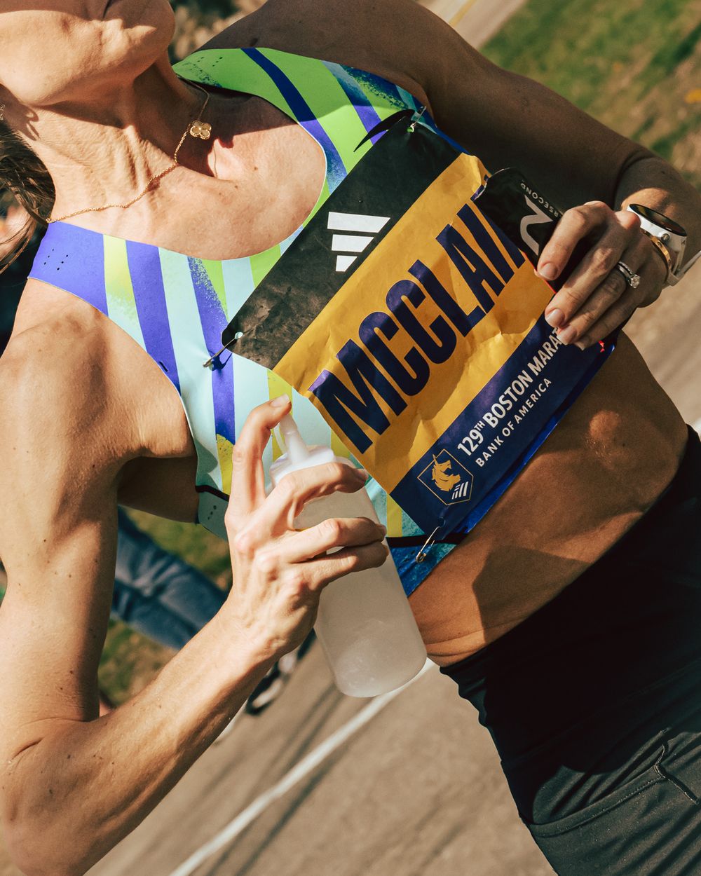 Jess McClain, Brooks Running sponsored runner, at Boston Marathon 2025.