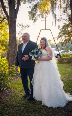 Outdoor wedding portraits taken under trees with golden sunlight filtering through.