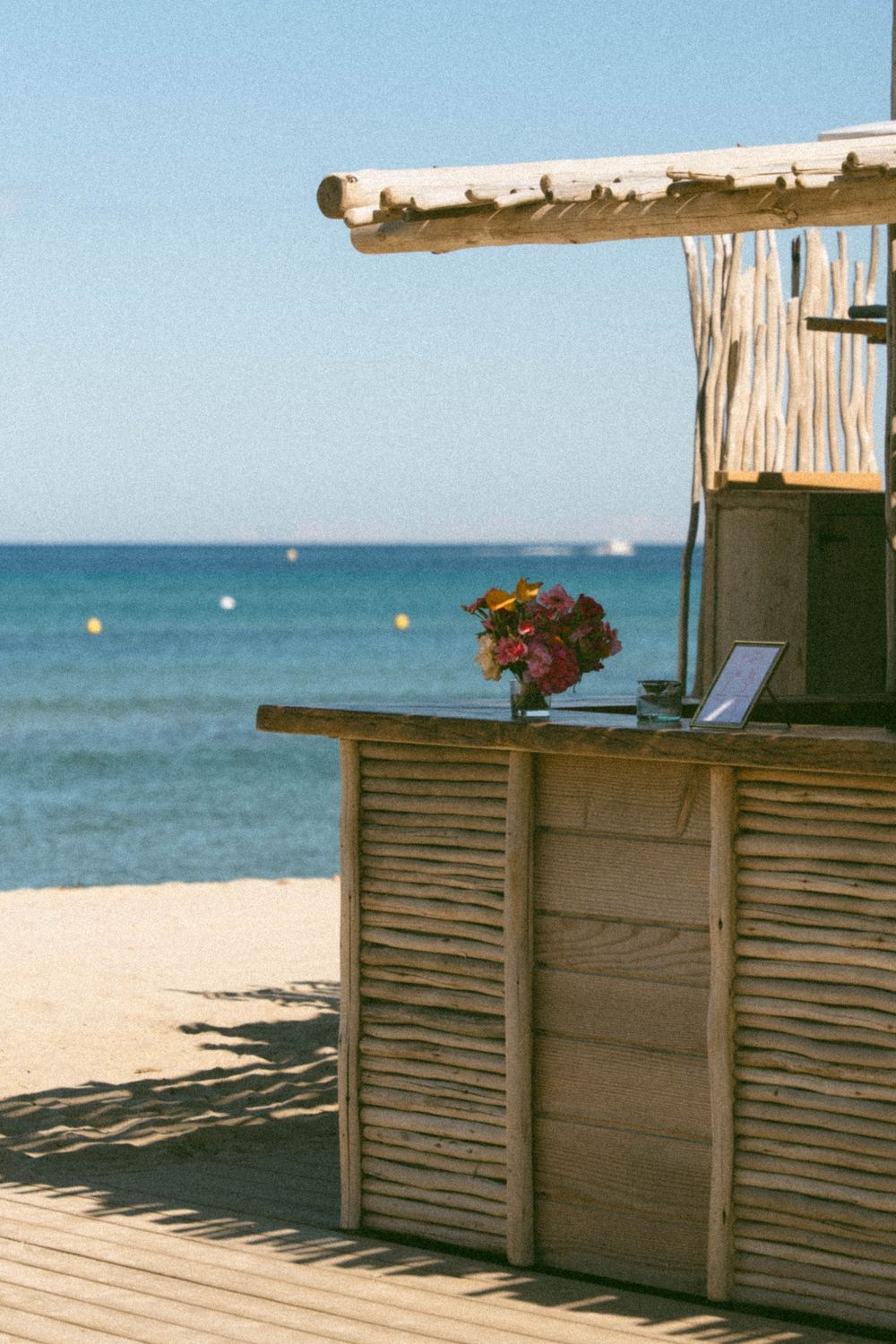Rustic wooden beach bar with red flowers overlooking turquoise ocean waters and sandy shore on a sunny day.