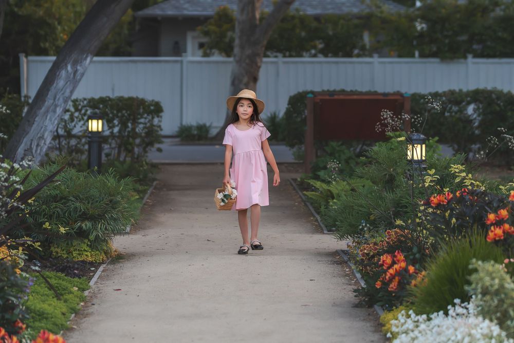 Garden path lined with flowers and lanterns at dusk.
