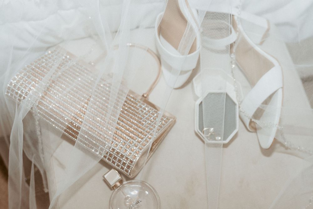 bridal details, wedding shoes, purse, jewelry under veil, wedding portraits Jekyll island