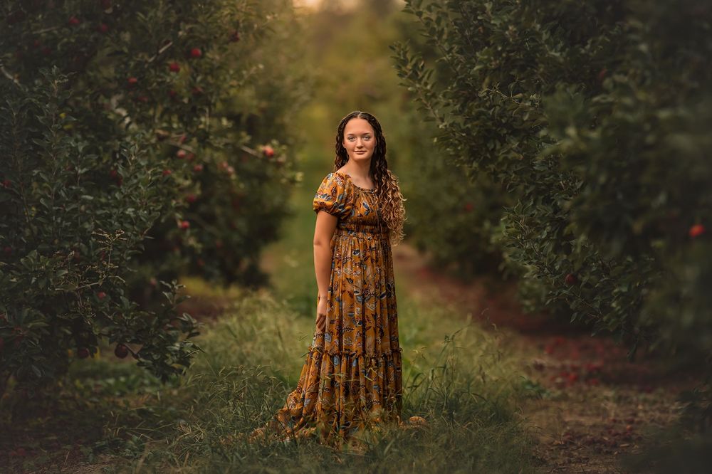 A teen girl in a gold floral dress stands among apple trees in a sunlit orchard during golden hour for fine art portrait session.