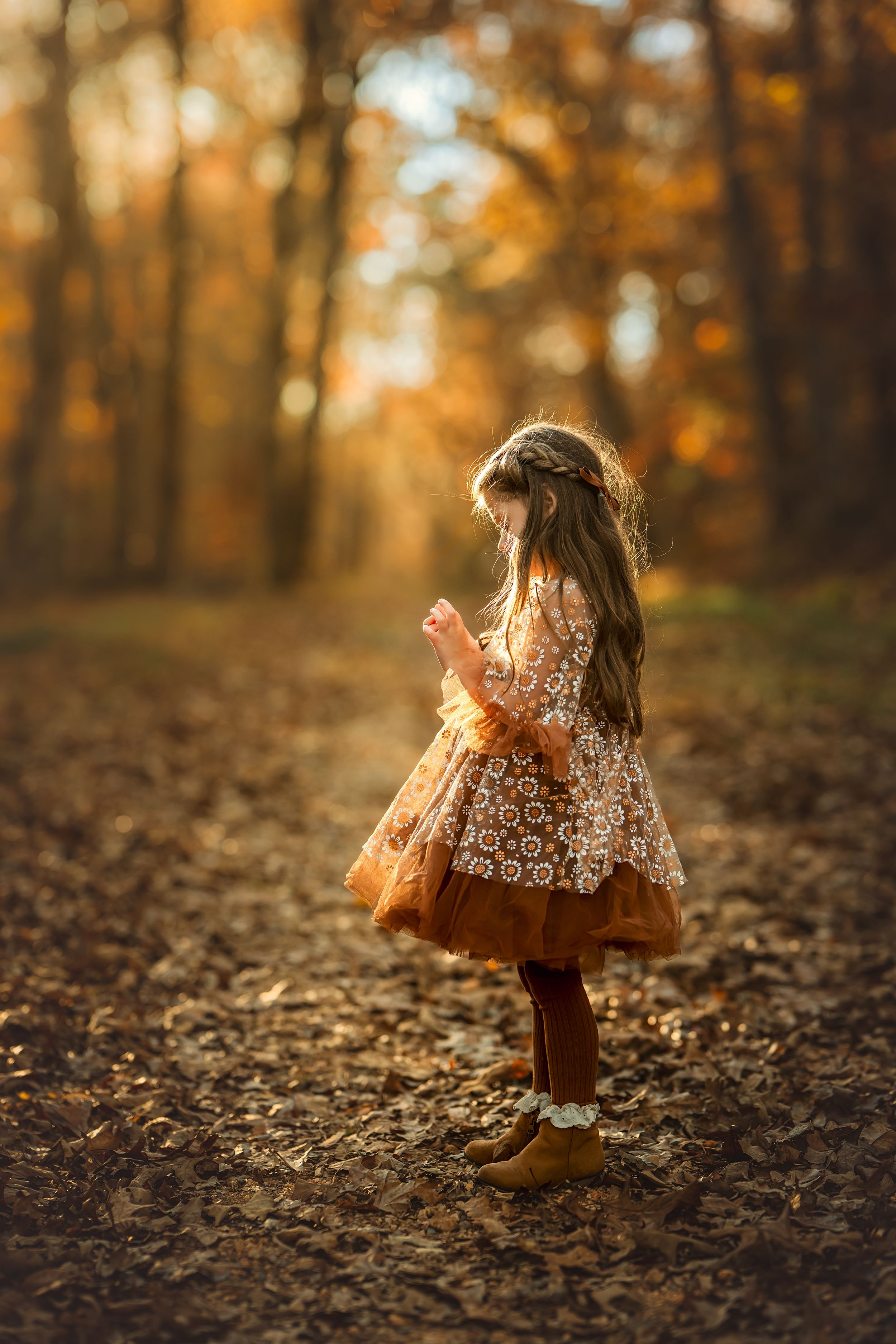 Child in a daisy dress stands profile and examines something in little hands among fallen autumn leaves in a sunlit forest setting.