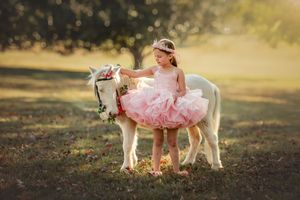 A magical outdoor scene with a girl in a pink tulle dress and a white pony in golden sunlight.