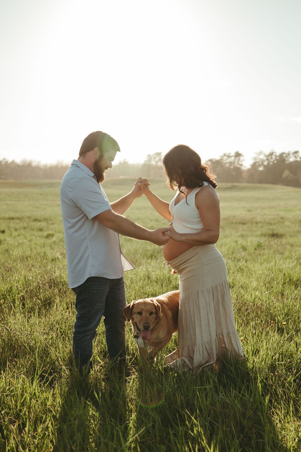 Pregnant couple dancing in sunlit green field with golden retriever dog during outdoor maternity photo session.