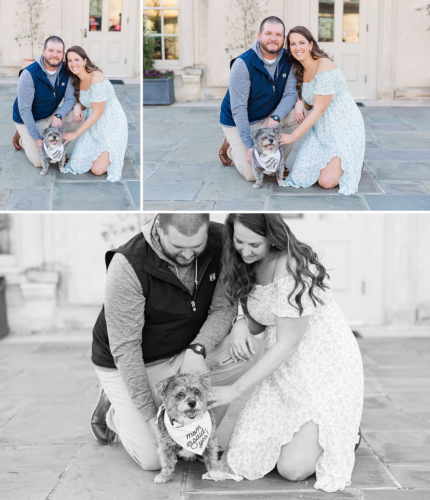 A couple wearing blue and white poses with their English bulldog on a stone patio during a photo session.
