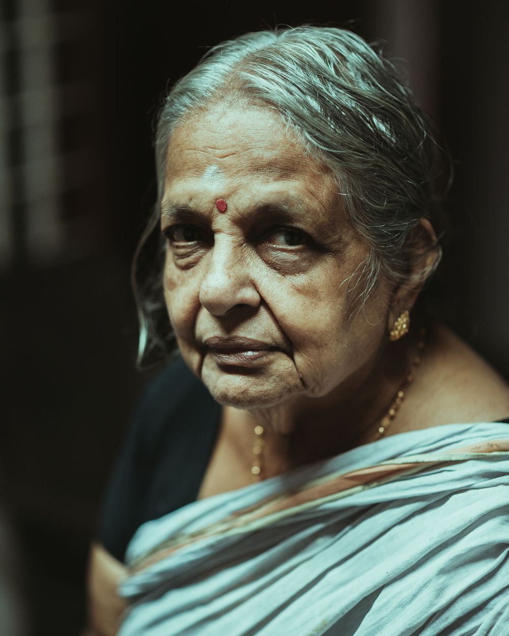 An elderly woman in traditional Indian sari photographed in soft natural lighting.