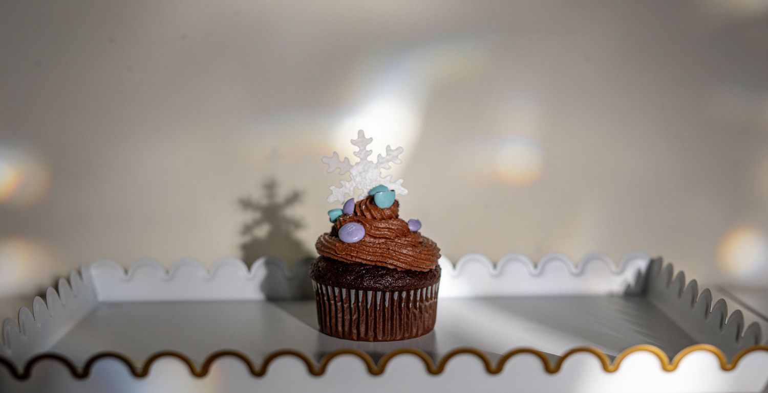 Close-up of chocolate cupcake with sparkler topper against blurred background.
