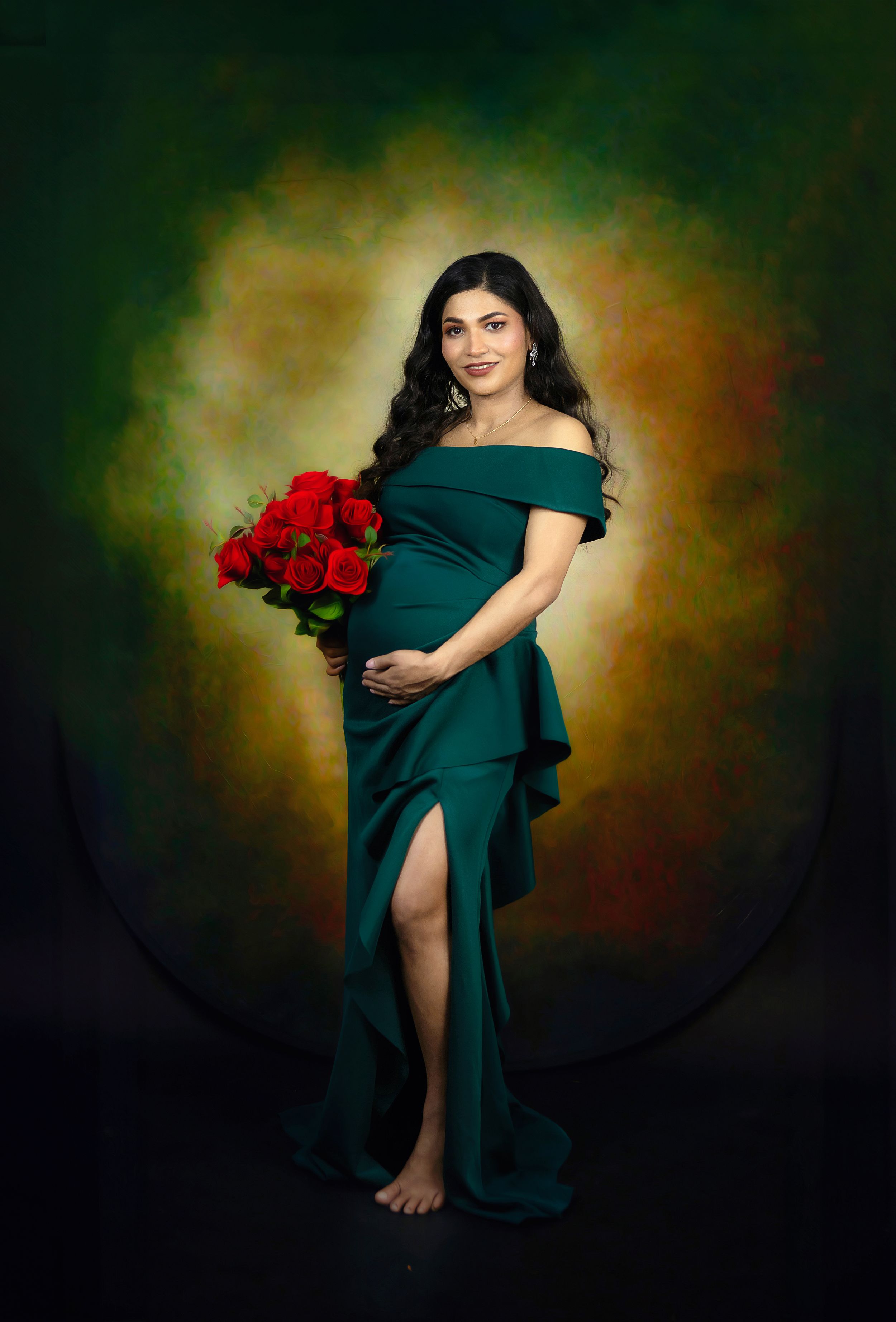 Frisco + ALL over Dallas TX maternity photography by Bhaire Photography, expecting mother in flowing dress in soft studio light