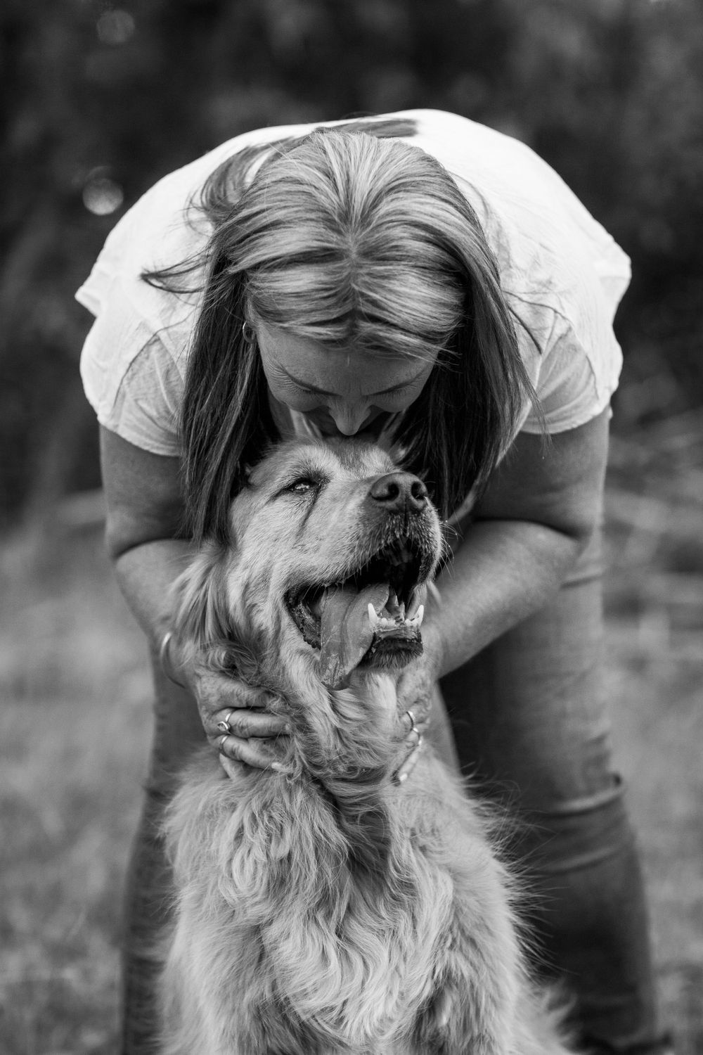 A tender moment captured in black and white as a person bends down to share affection with their happy Golden Retriever.