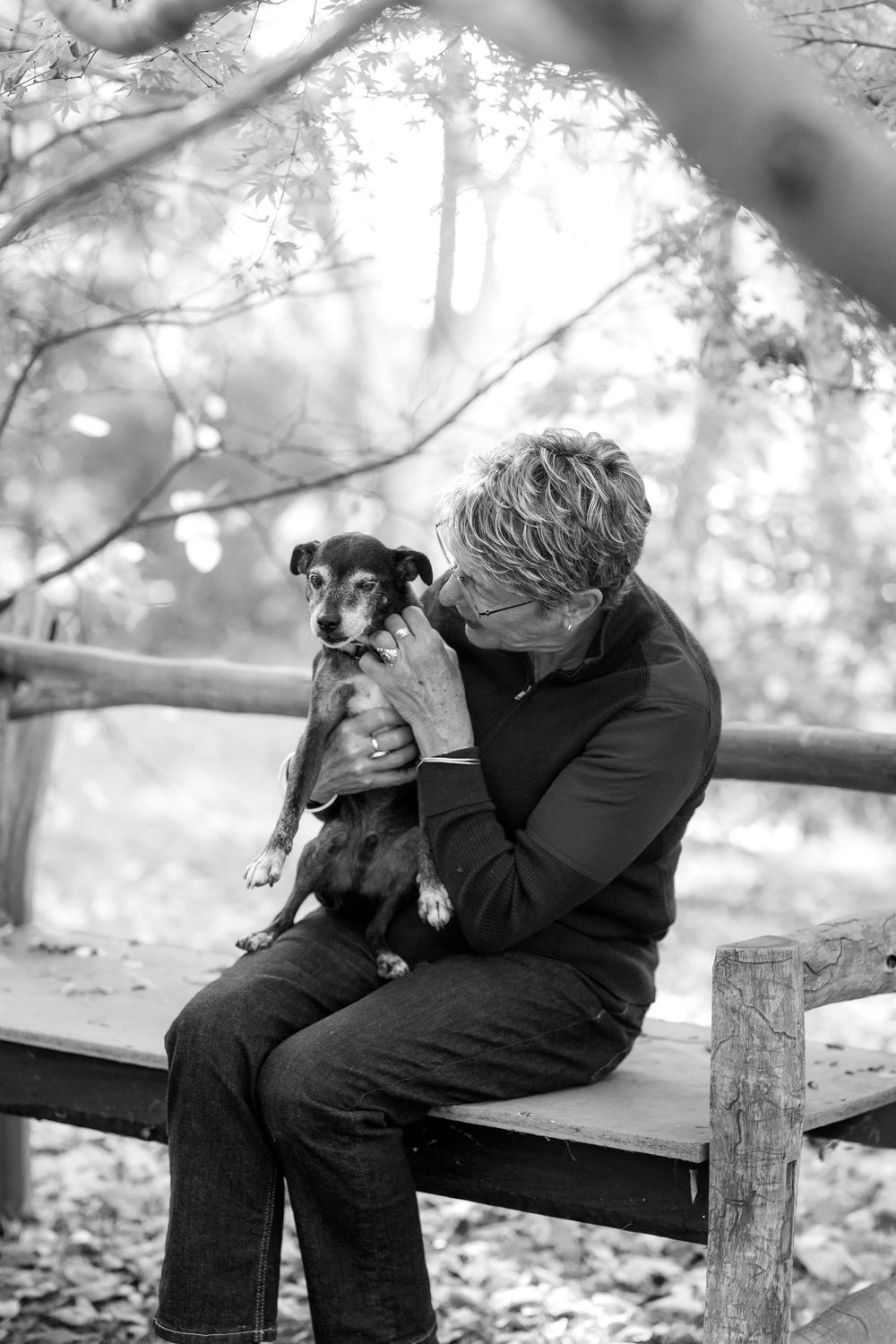 A touching black and white moment between a person and small dog sitting together on a wooden bench in a misty park.