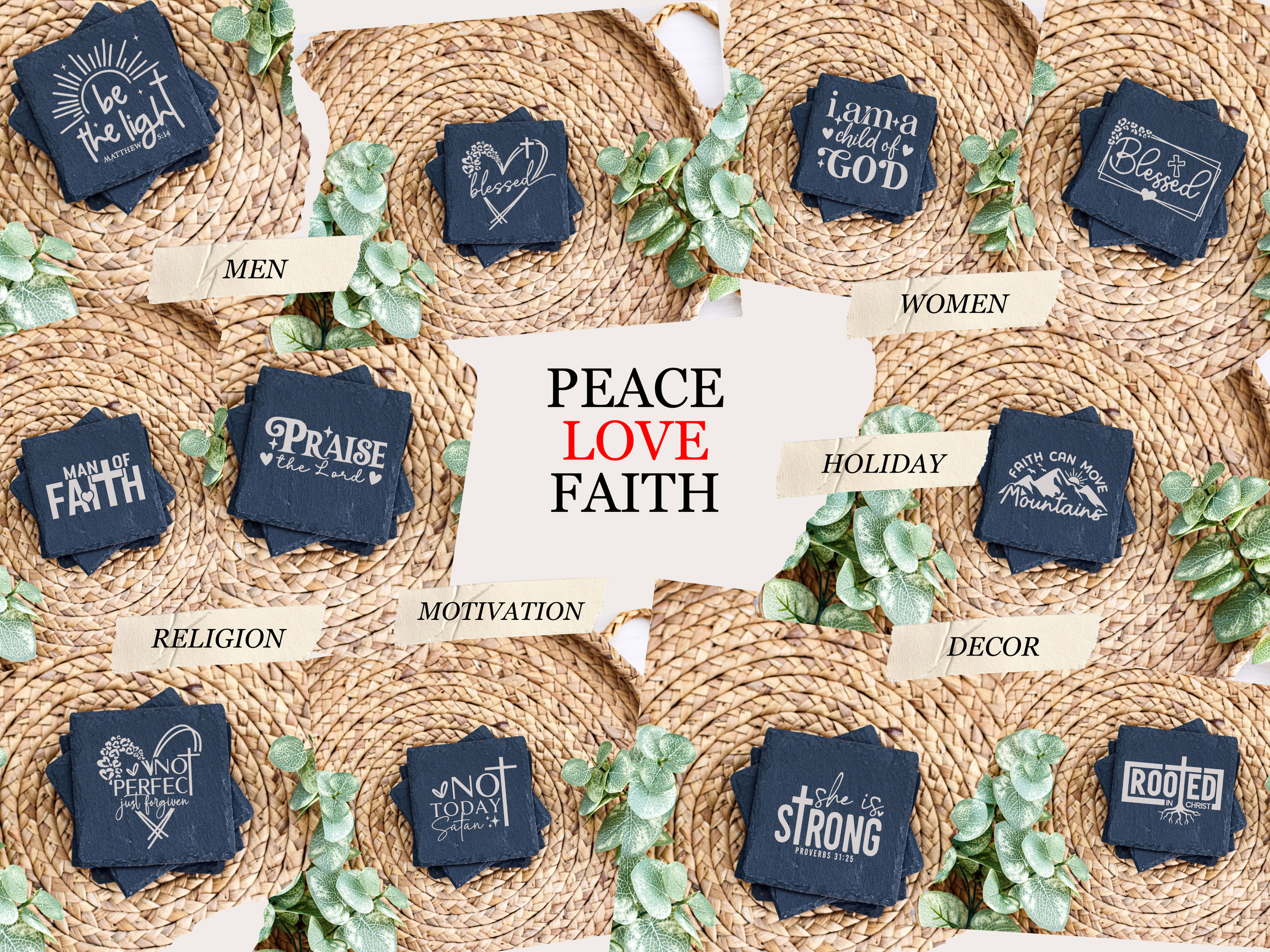 Decorative blue denim patches with inspirational words and designs arranged on a woven natural fiber background.