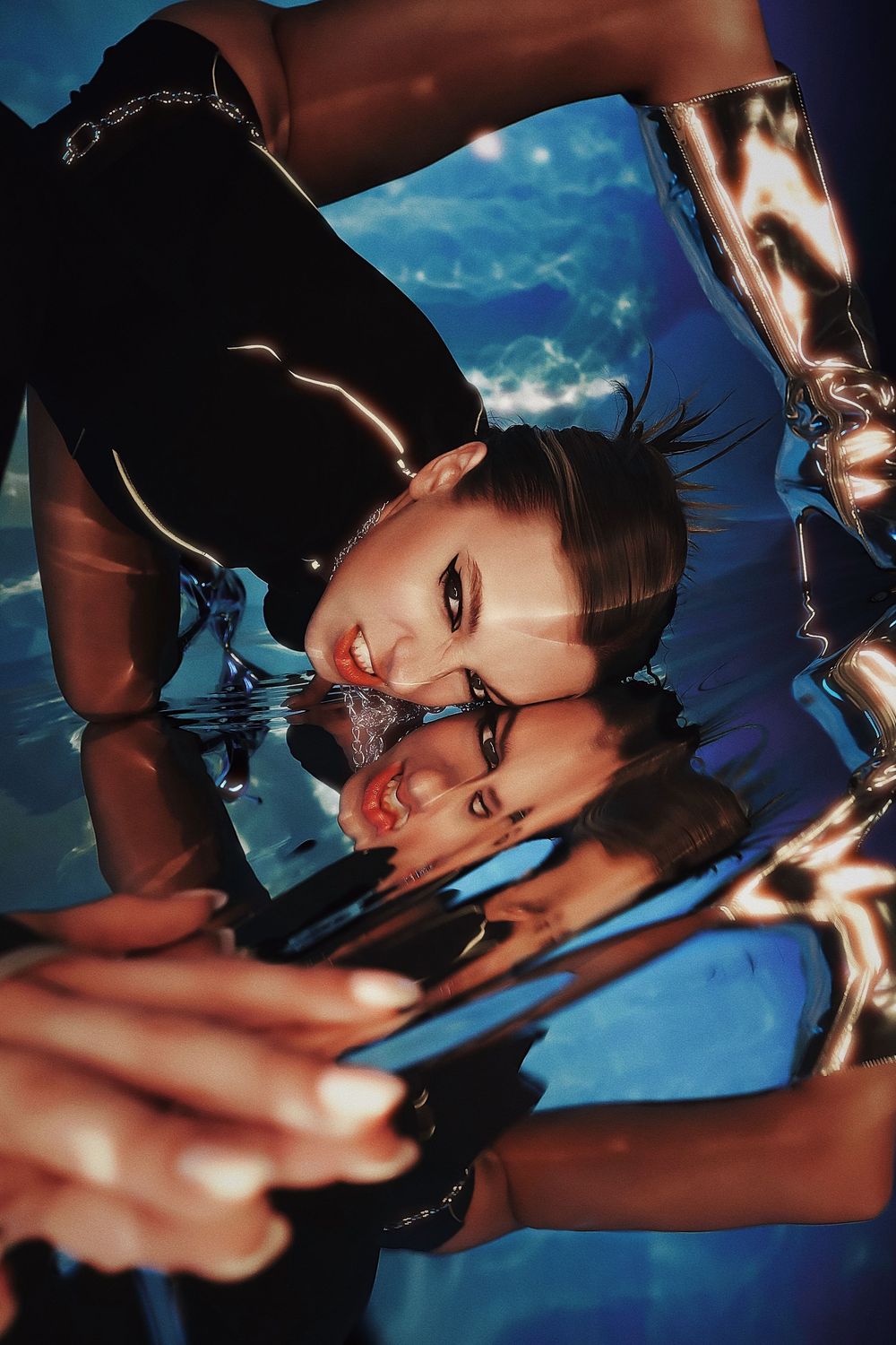 Artistic selfie photo sequence showing reflections in blue tinted water with dramatic lighting effects.