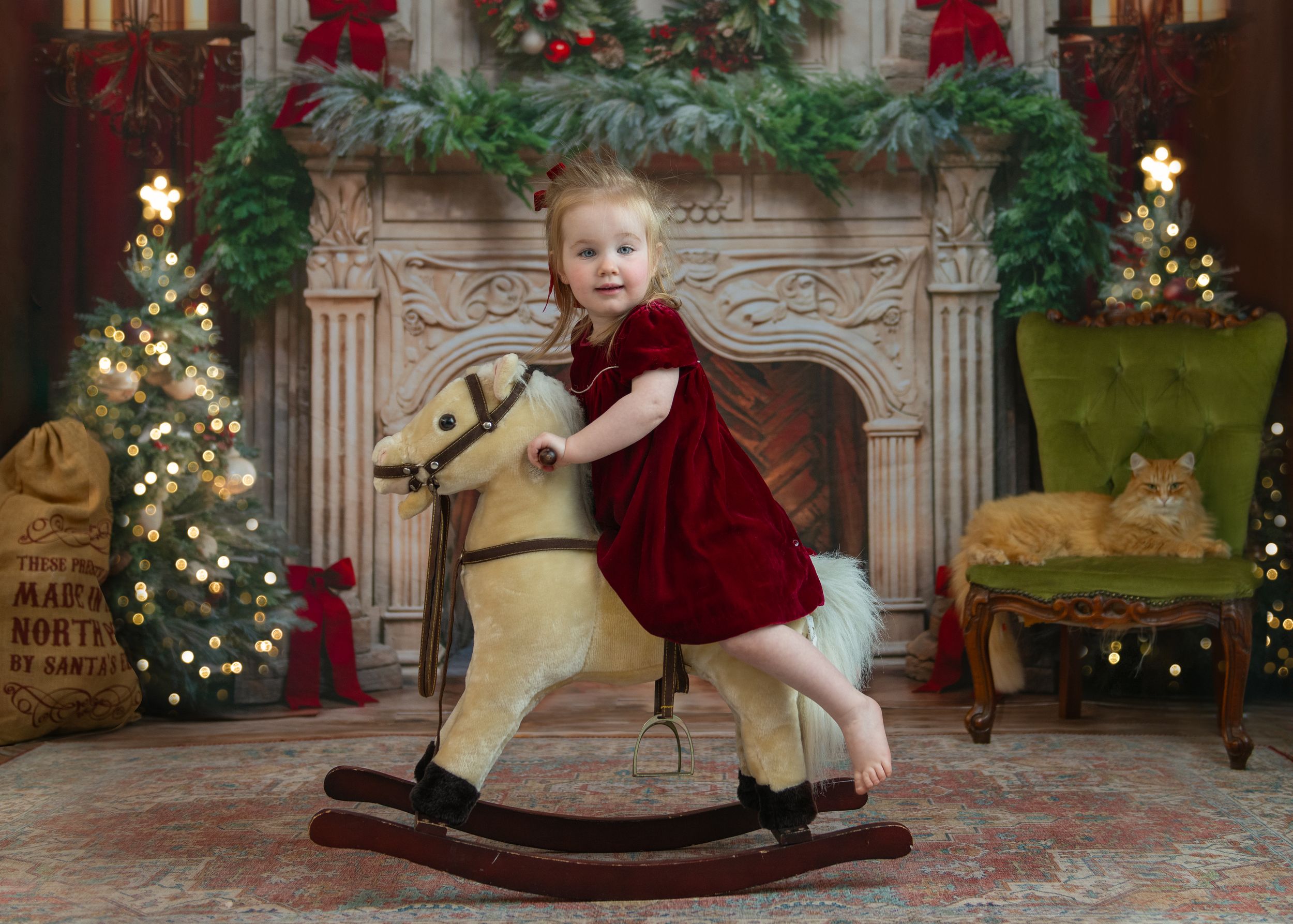 A collage of four Christmas-themed photos showing festive decorations, a velvet dress, and a rocking horse against holiday backdrops.
