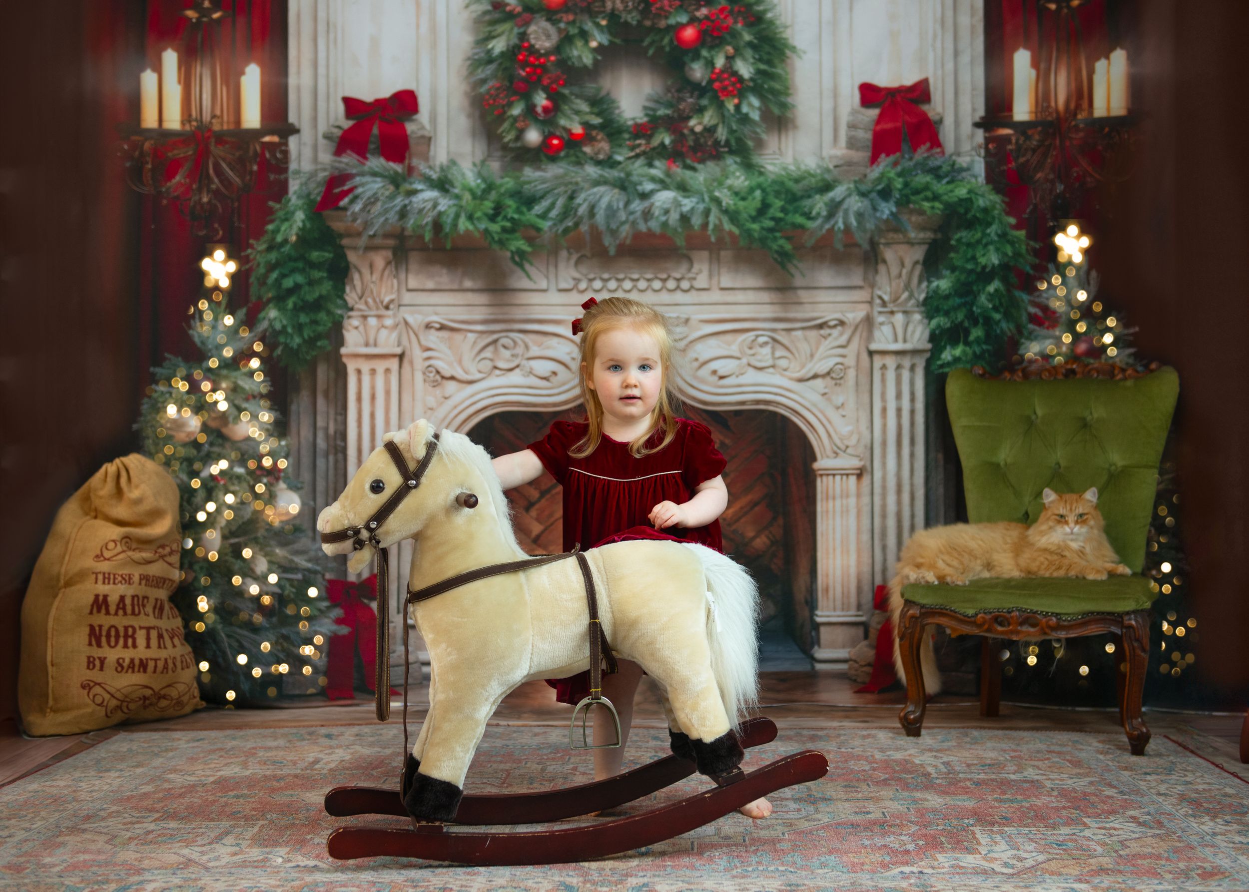 A collection of Christmas themed photos showing holiday decor with rocking horses, wreaths, and twinkling lights.