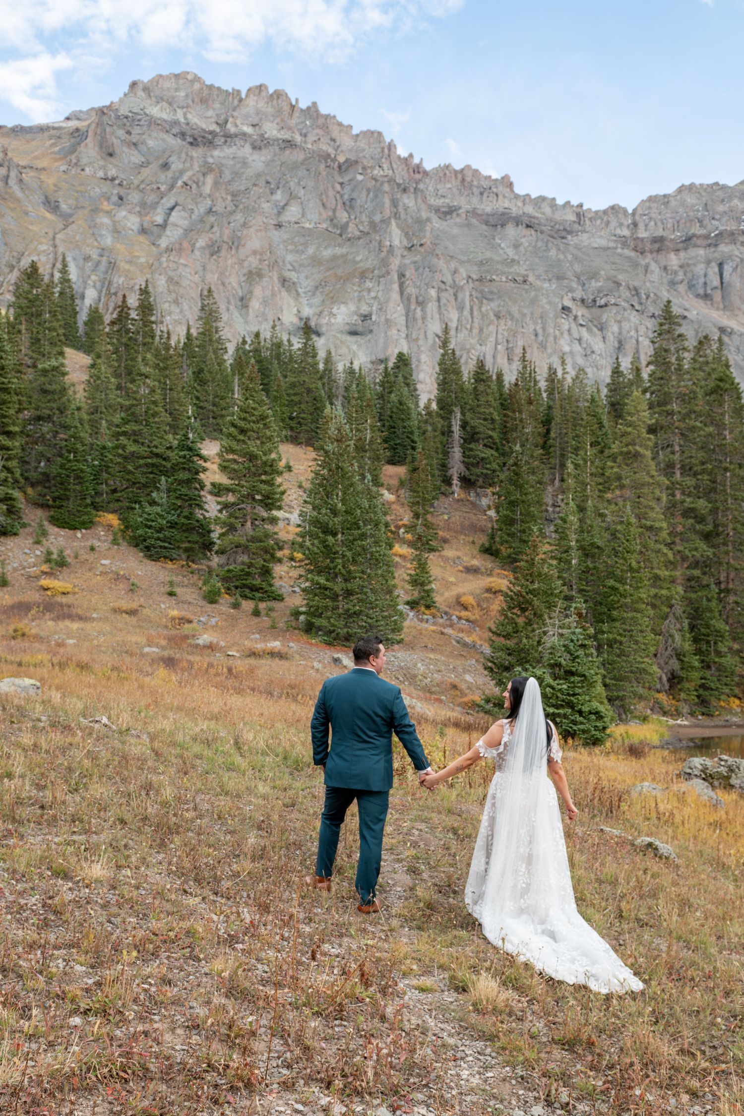 A bride and groom hold hands walking through a mountain meadow with pine trees and the rugged  mountain peaks of the San Juan mountains.