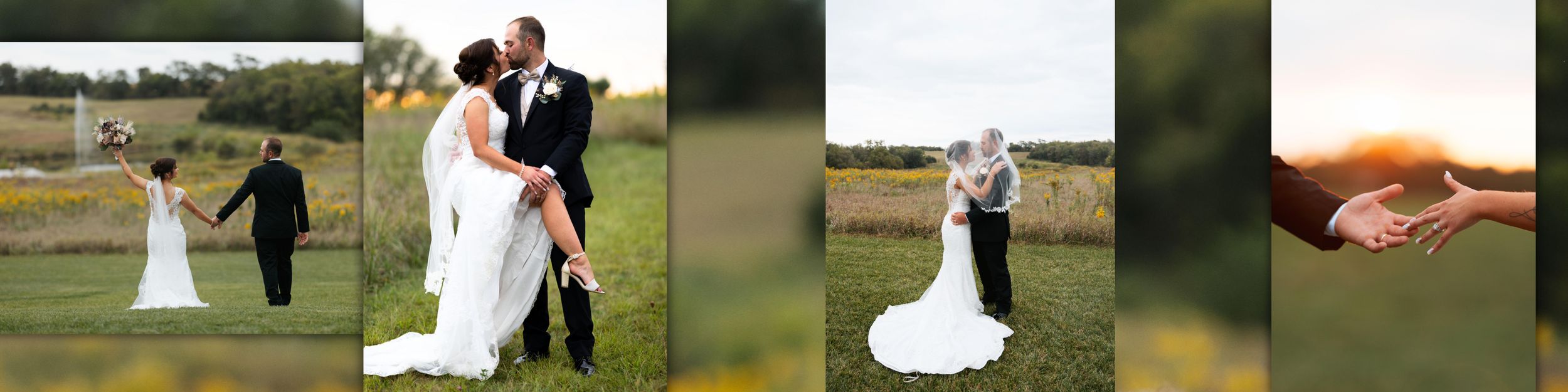 A wedding couple embraces on a scenic golf course during their outdoor celebration.