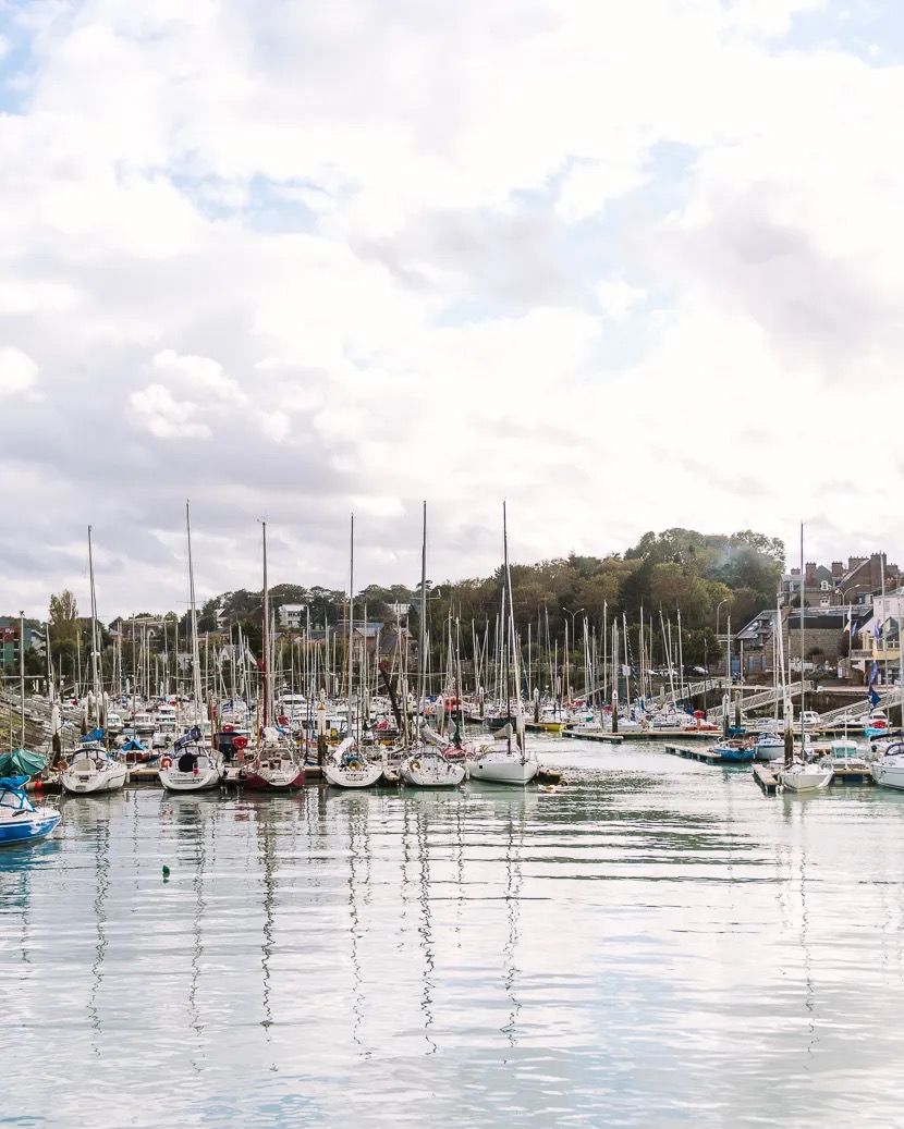 Boats moored in a peaceful marina with reflections on the still water.