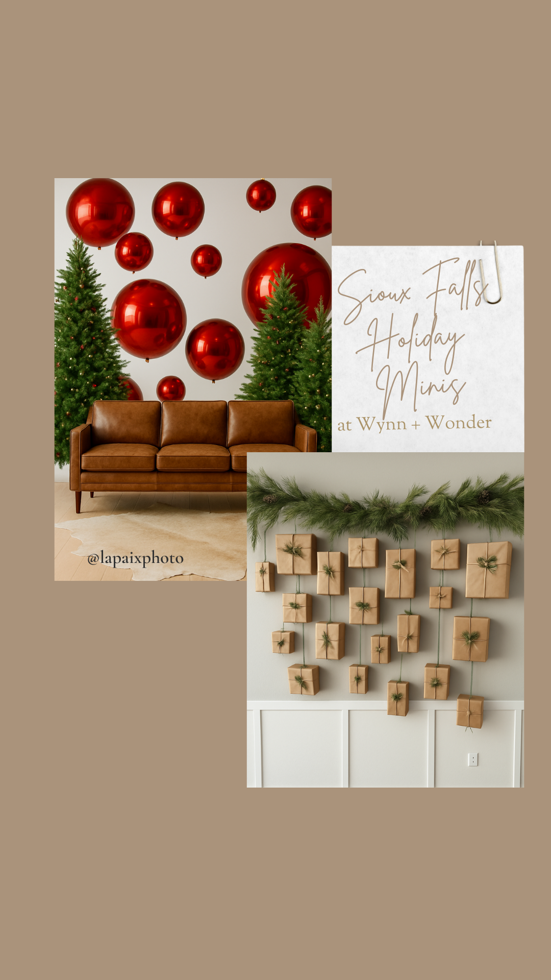 Modern brown leather sofa with red Christmas ornaments on wall and green trees creates festive holiday decor scene.