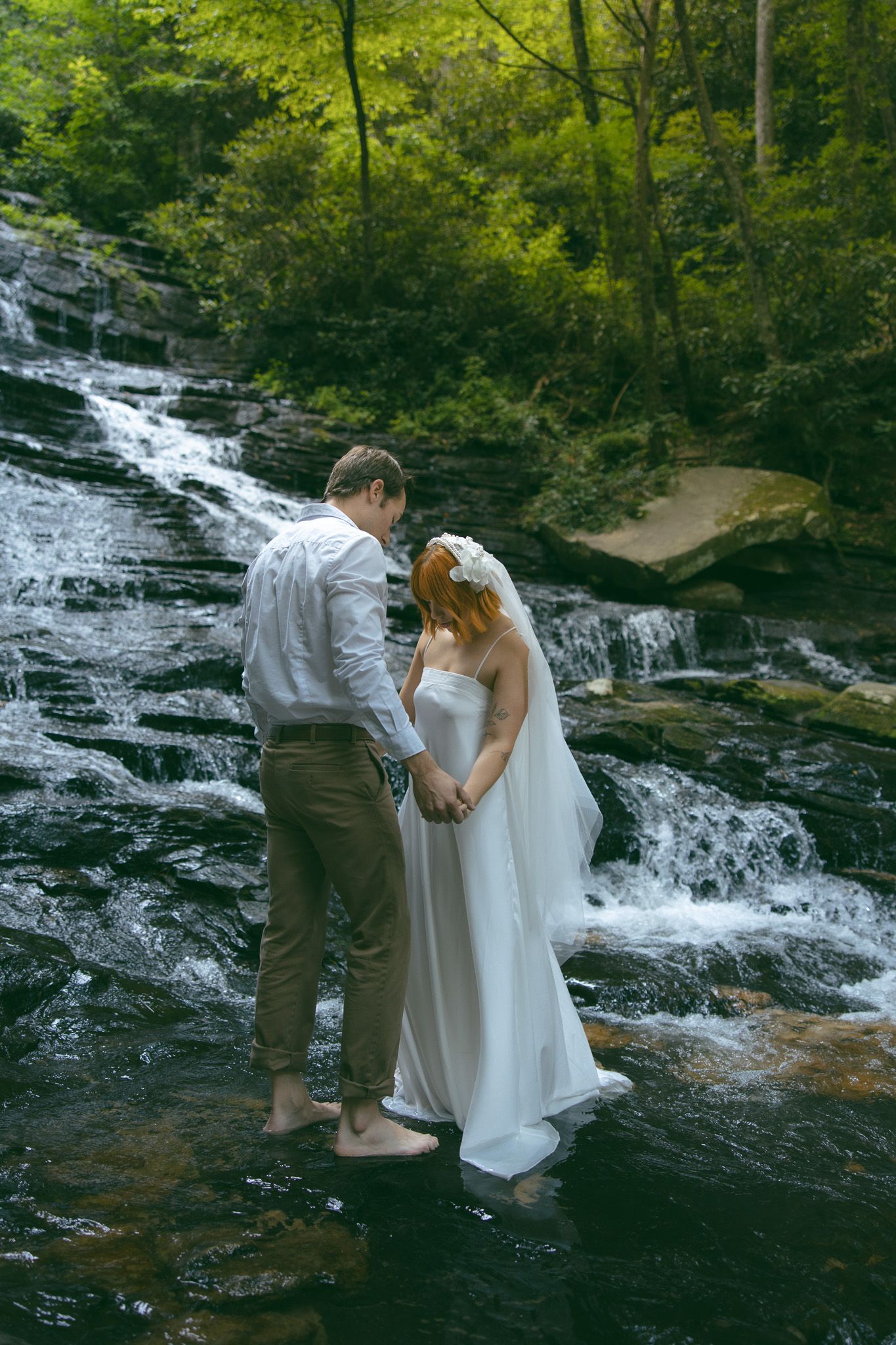 romantic couple waterfall wedding elopement private north carolina wnc sc tn forest elope bride groom
