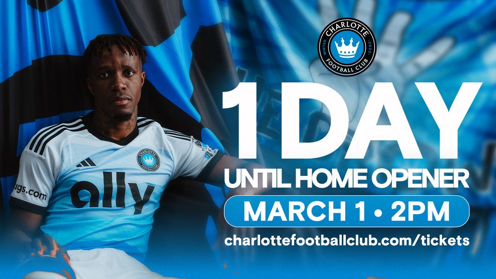 Charlotte FC player sits with ball promoting 1 day until March 1 home opener.