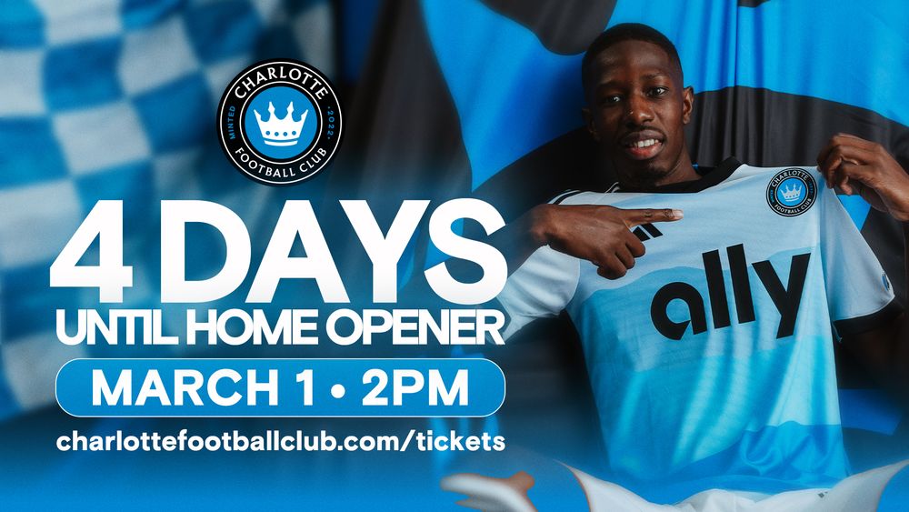 Charlotte FC player holds jersey promoting 4 days until March 1 home opener at 2PM.