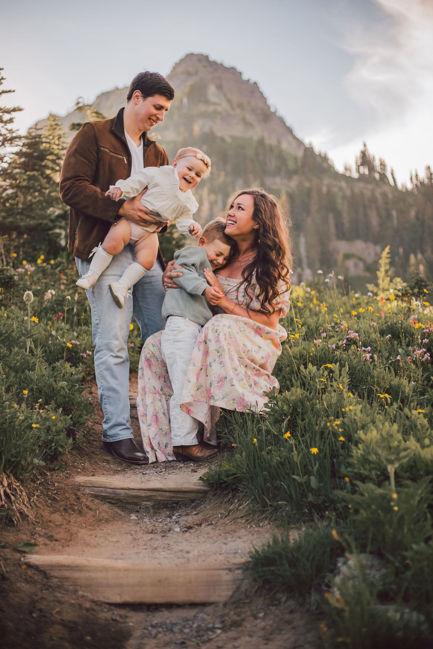 Family standing together during their adventure family photoshoot at Mt. Rainier National Park near Seattle, Washington
