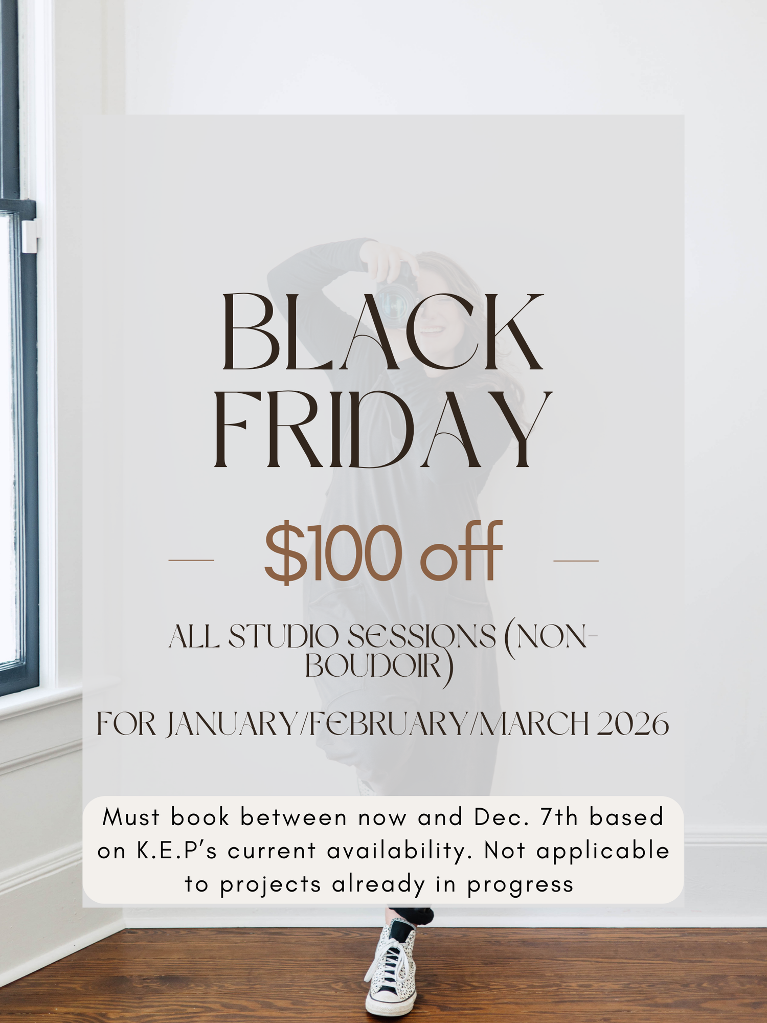 Black Friday photography promotion banner advertising $100 off studio sessions for January through March 2026.