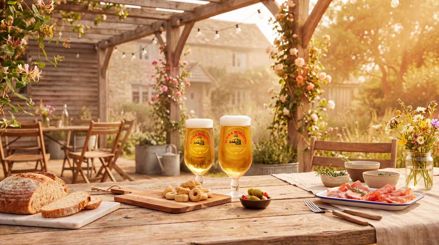 Two golden beers on a sunny outdoor table with bread, olives, and charcuterie in a charming garden setting.