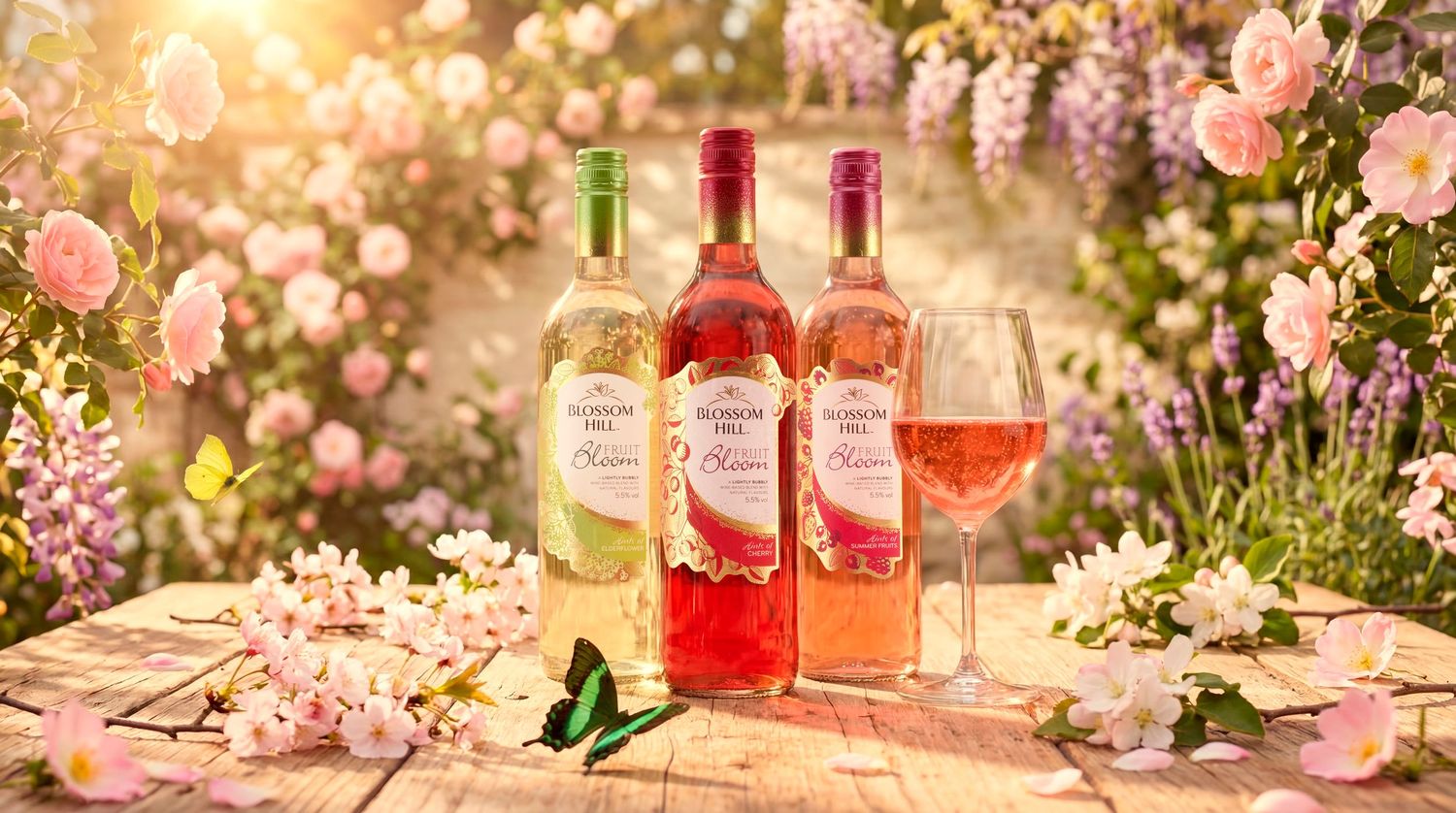 Three floral wine bottles displayed on a wooden table surrounded by pink roses and greenery in a sunlit garden setting.