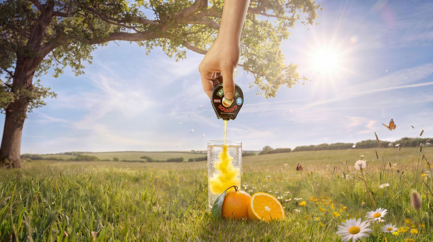 Hand pouring drink into glass with orange slices in sunny meadow with tree and blue sky.
