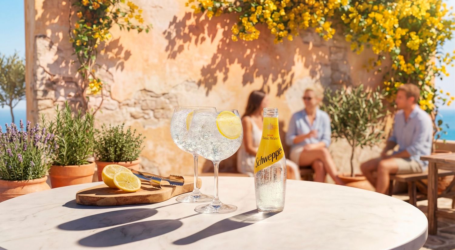 Tonic water bottle and wine glass on outdoor terrace table with couple dining in Mediterranean setting.